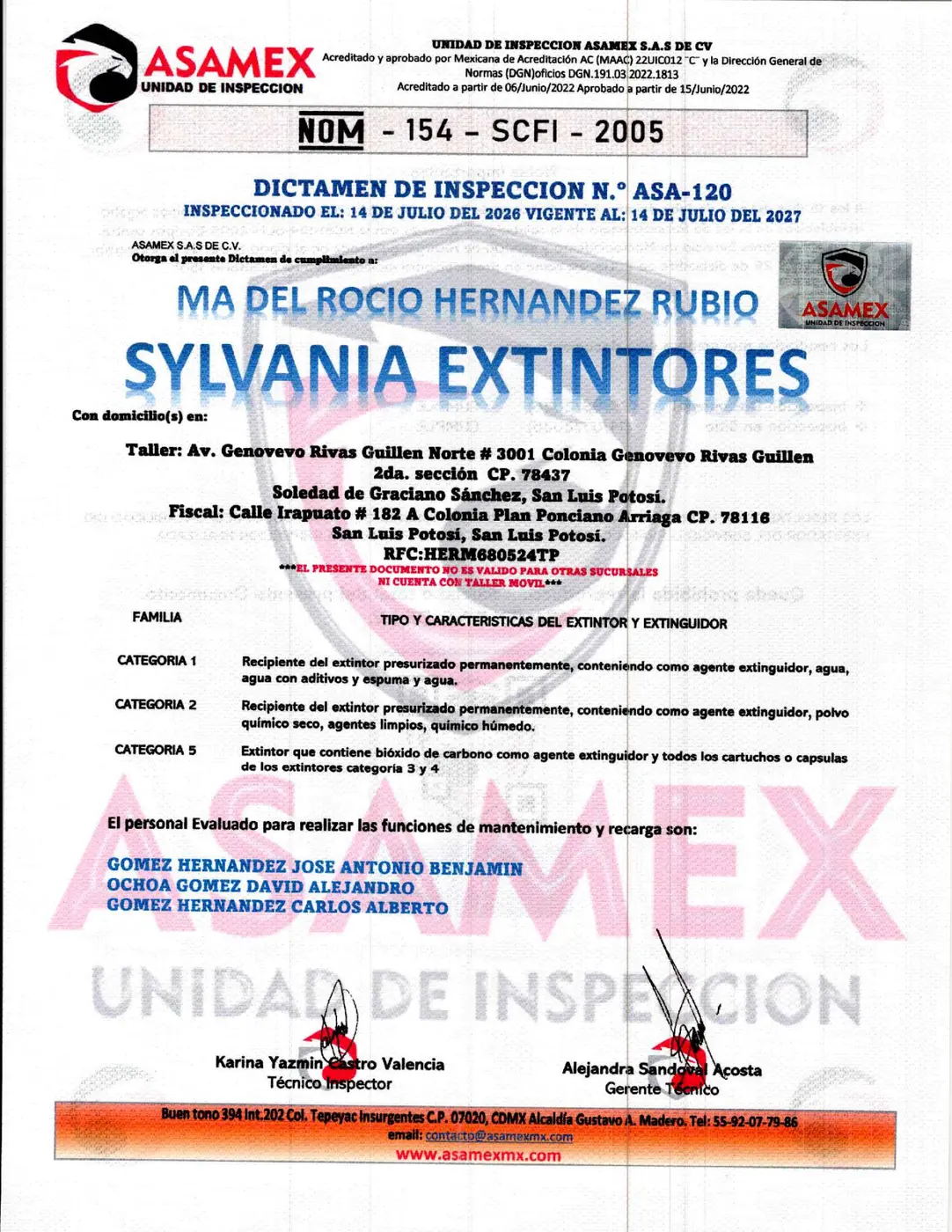 Dictamen de inspección NOM-154-SCFI-2005 de Sylvania Extintores