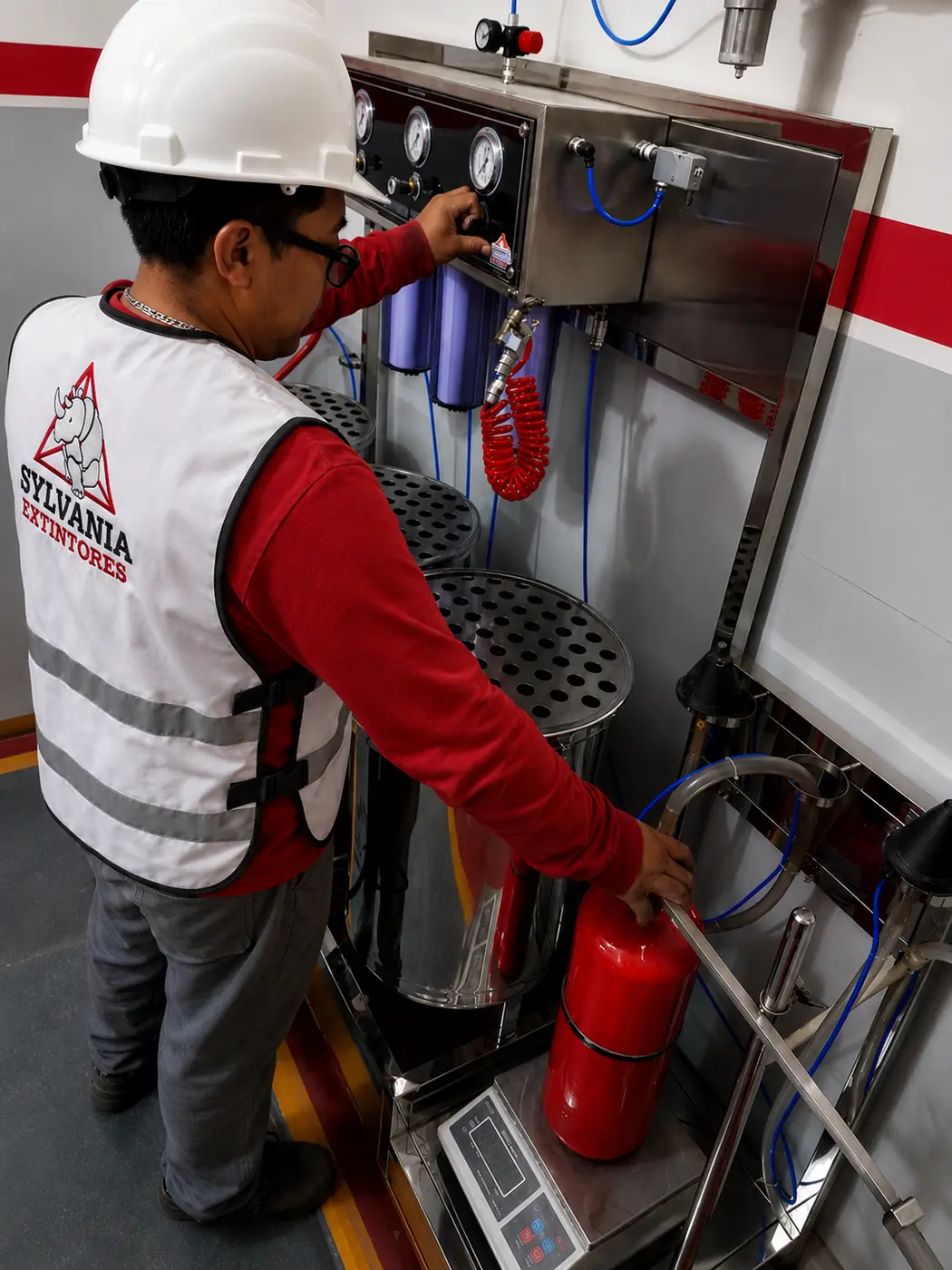 Técnico realizando mantenimiento y recarga de extintor