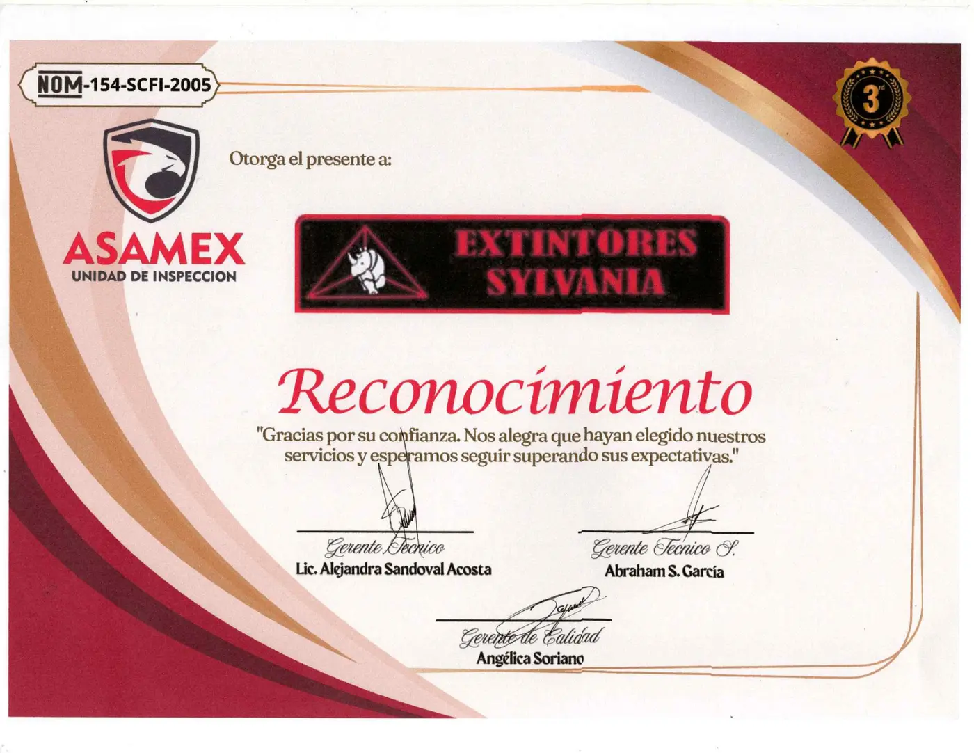 Reconocimiento ASAMEX otorgado a Sylvania Extintores